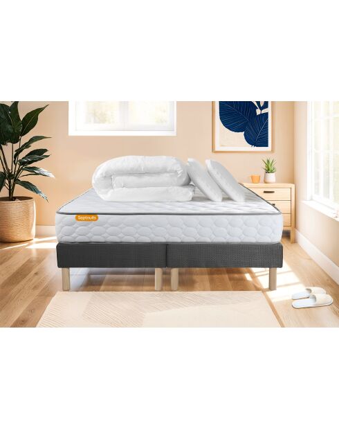 Pack lit complet Memo gris - matelas + 2 sommiers + 2 oreillers + couette - 2x90x200 cm