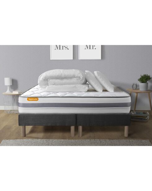 Pack lit complet Memo Spring gris - matelas + 2 sommiers + 2 oreillers + couette - 2x80x200 cm