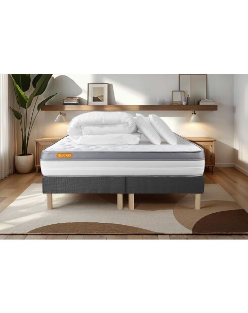 Pack lit complet Memo Zen gris - matelas + 2 sommiers + 2 oreillers + couette - 2x80x200 cm