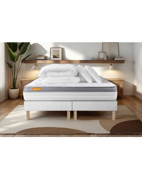 Pack lit complet Memo Zen blanc - matelas + 2 sommiers + 2 oreillers + couette - 2x100x200 cm