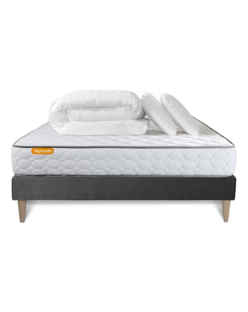 Pack lit complet Memo gris - matelas + sommier + 2 oreillers + couette - 180x200 cm