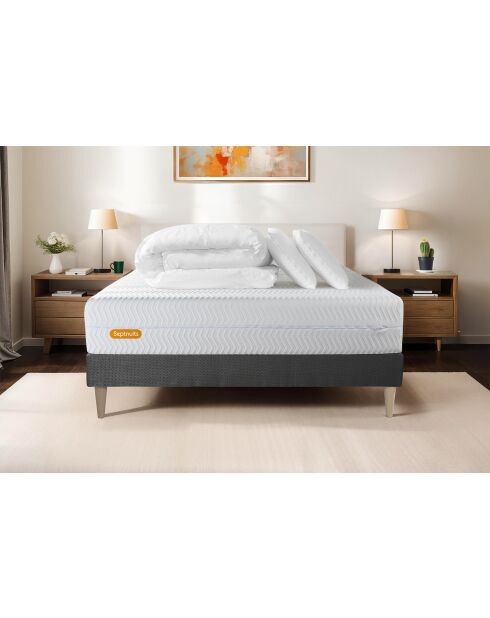 Pack lit complet Memo Bio gris foncé - matelas + sommier gris (en kit) + 2 oreillers + couette - 140 × 200 cm