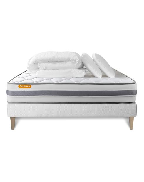 Pack lit complet Memo Spring blanc - matelas + sommier + 2 oreillers + couette - 200x200 cm