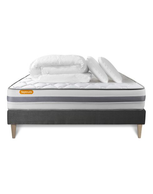 Pack lit complet Memo Spring gris - matelas + sommier + 2 oreillers + couette - 140x190 cm