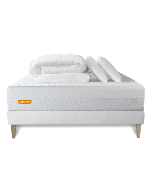 Pack lit complet Memo Bio blanc - matelas + sommier blancs (en kit) + 2 oreillers + couette - 140 × 200 cm