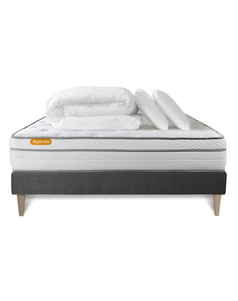 Pack lit complet Memo Luxe gris - matelas + sommier + 2 oreillers + couette - 160x200 cm