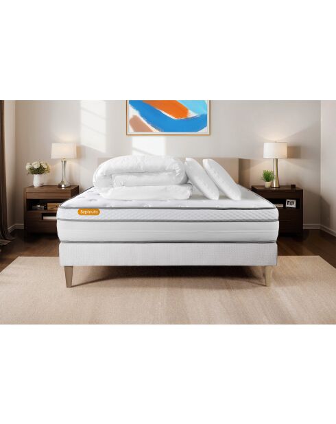 Pack lit complet Memo Luxe blanc - matelas + sommier + 2 oreillers + couette - 140x200 cm
