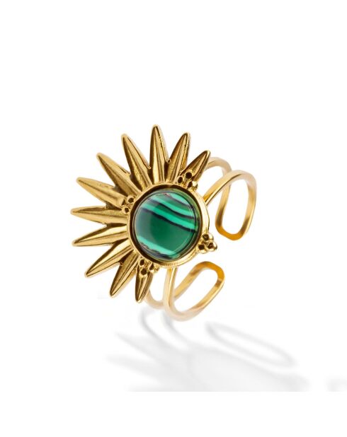 Bague en acier plaqué or jaune et malachite synthétique dorée