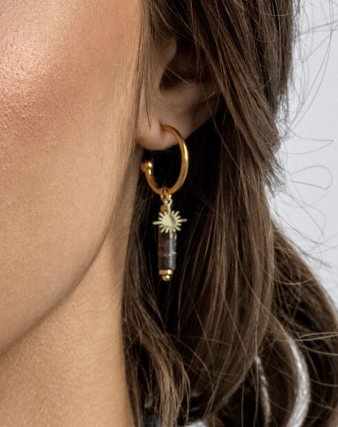 Boucles d'oreilles Margaret en acier plaqué or jaune, tourmaline noire et jaspe rouge doré/noir