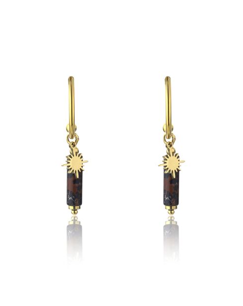 Boucles d'oreilles Margaret en acier plaqué or jaune, tourmaline noire et jaspe rouge doré/noir