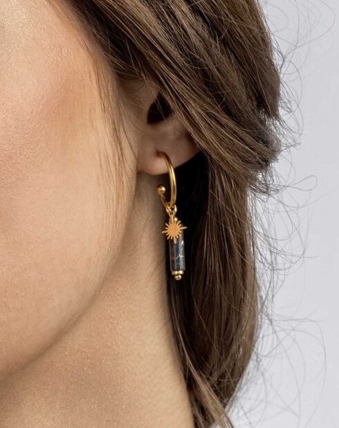 Boucles d'oreilles Margaret en acier plaqué or jaune, tourmaline noire et jaspe rouge doré/noir