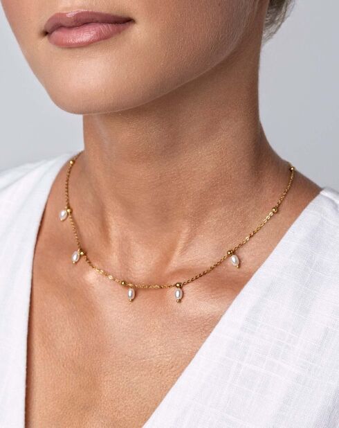 Collier Shiloh en acier plaqué or jaune et perle artificielle doré/blanc