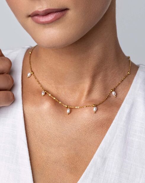 Collier Shiloh en acier plaqué or jaune et perle artificielle doré/blanc