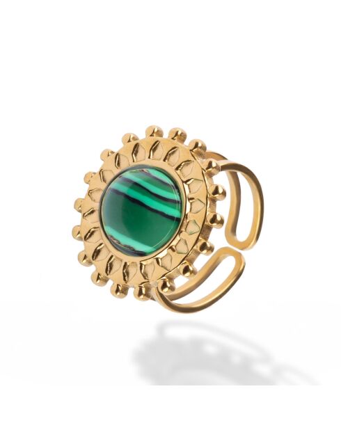 Bague en acier plaqué or jaune et malachite synthétique dorée