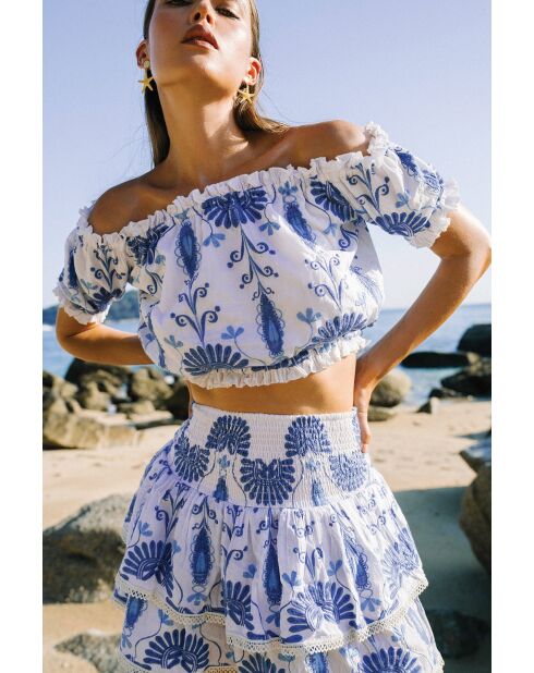 Top en coton Jenna broderie bleu