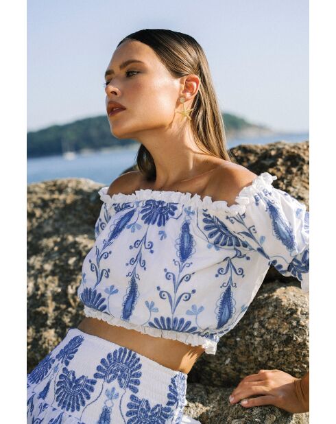 Top en coton Jenna broderie bleu