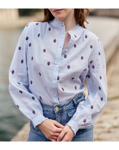 Blouse coupe droite Blooma ciel et ecru