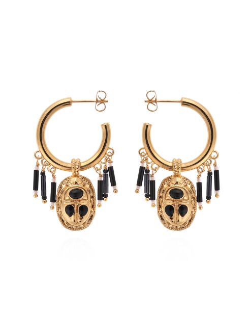 Boucles d'oreilles créoles avec pendentif scarabé et perles Valdo noires