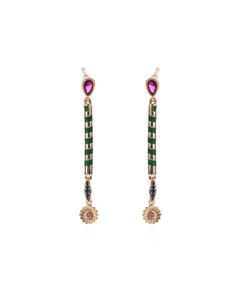 Boucles d'oreilles pendantes émail et perles Vasile vertes