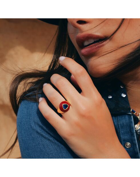Bague chevalière réglable en émail Chana rouge