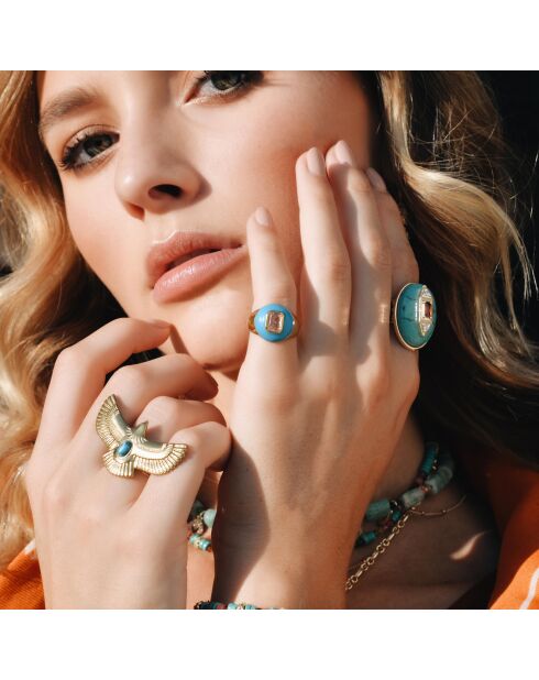 Bague chevalière réglable en émail Chana turquoise