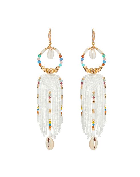 Boucles d'oreilles pendantes perles Koukaracha blanches