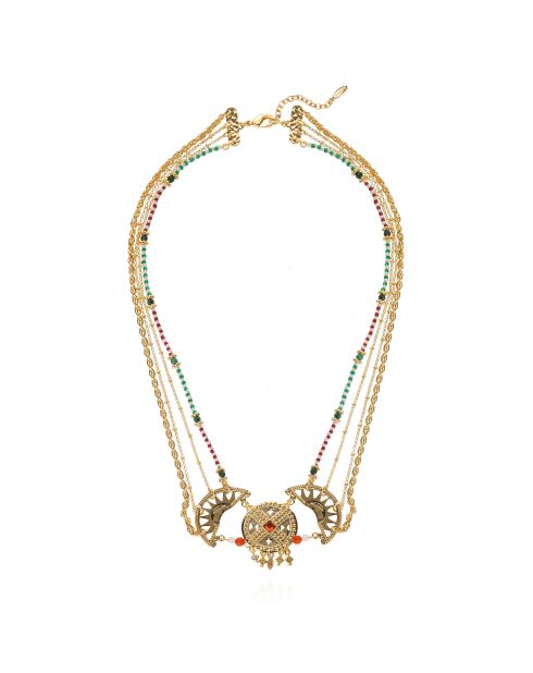 Collier chaîne multirang avec pendentif central et perles Maraja doré
