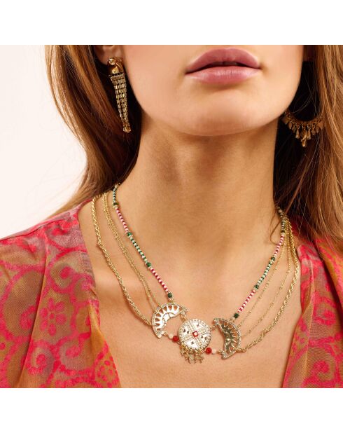 Collier chaîne multirang avec pendentif central et perles Maraja doré