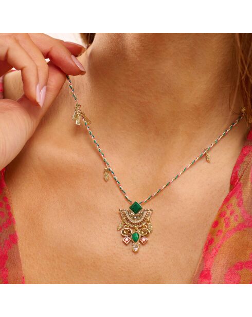 Collier ras de cou avec perles cabochon central et pampilles Kosta doré