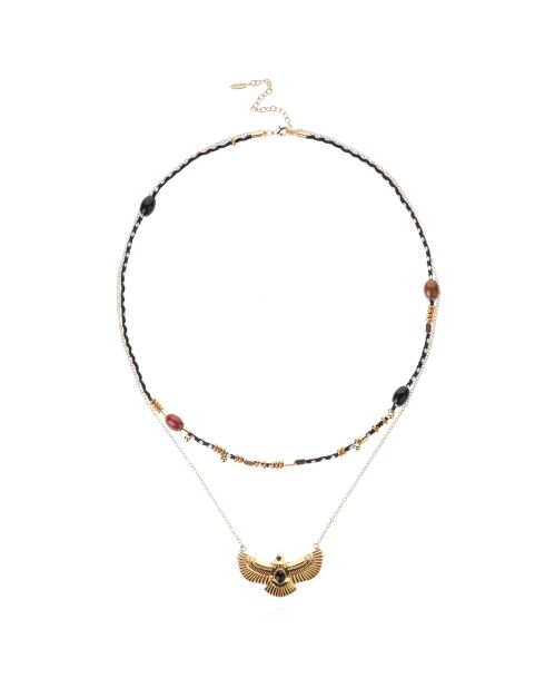 Collier multirangs cordon et chaîne avec pendentif aigle Timael noir