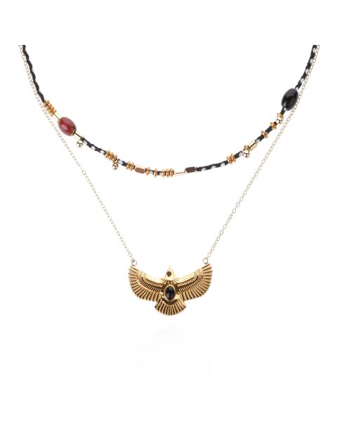 Collier multirangs cordon et chaîne avec pendentif aigle Timael noir