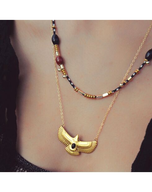Collier multirangs cordon et chaîne avec pendentif aigle Timael noir