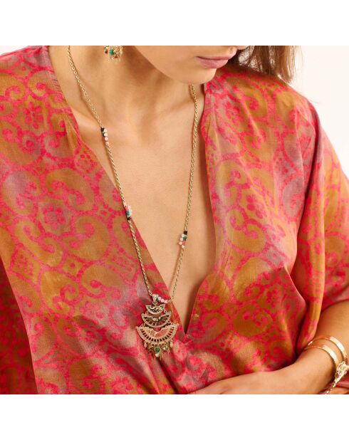 Collier chaîne avec cabochon central et perles Lupita doré