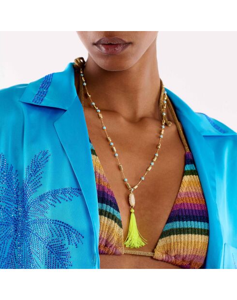 Collier avec perles et pendentif avec pompon Tamara turquoise