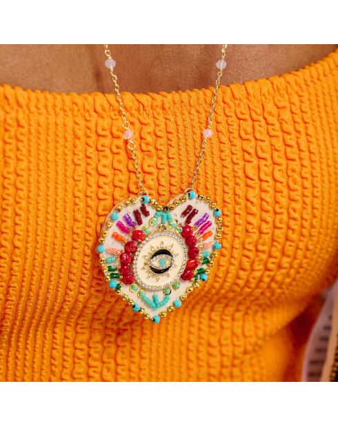 Collier chaîne avec charm central avec perles Janeira blanc
