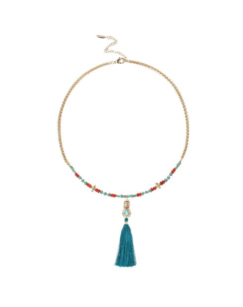 Collier de perles avec pompon Caliko turquoise