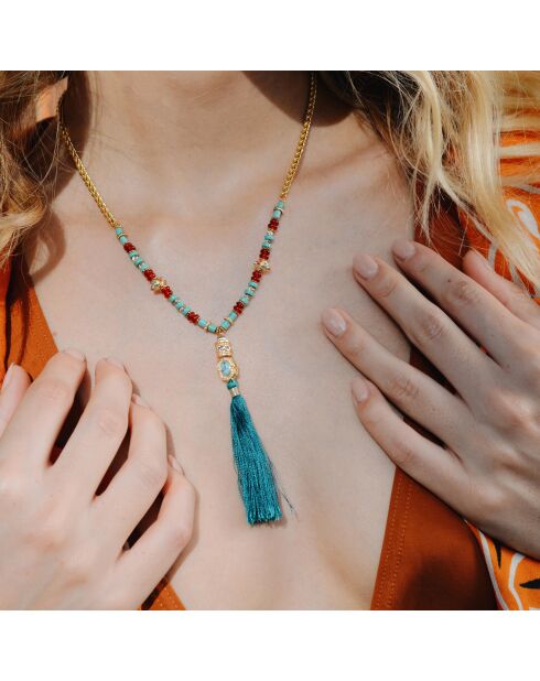 Collier de perles avec pompon Caliko turquoise