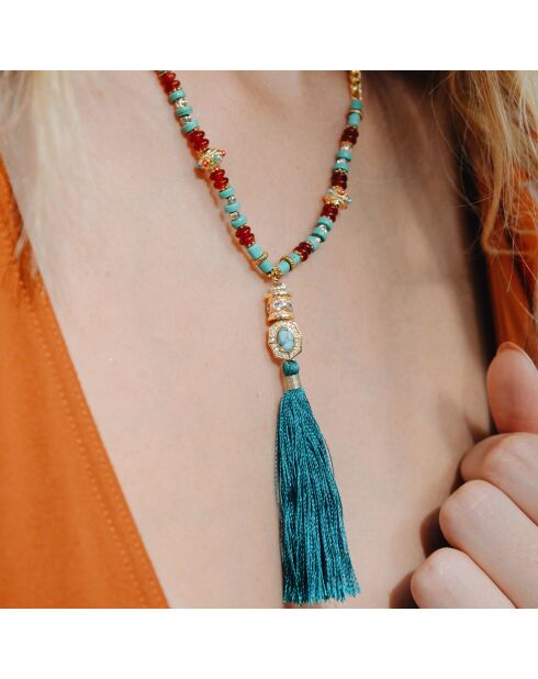 Collier de perles avec pompon Caliko turquoise