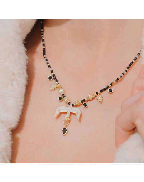 Collier de perles avec pendentif aigle Gallica noir