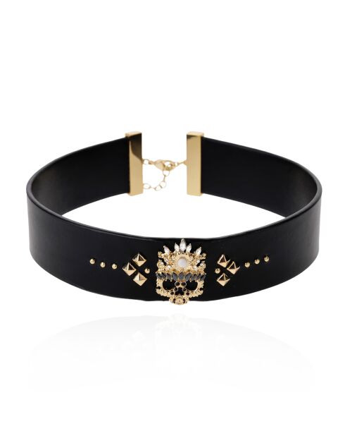 Collier ajustable ras de cou en cuir avec studs et cabochon central Illuminati noir