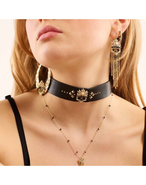 Collier ajustable ras de cou en cuir avec studs et cabochon central Illuminati noir