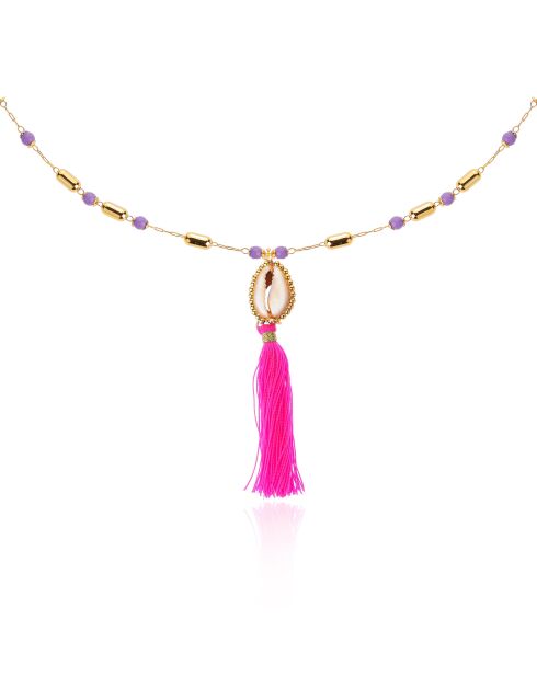 Collier avec perles et pendentif avec pompon Tamara violet