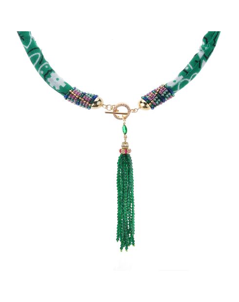 Collier en tissu avec pendentif de perles Ario emeraude