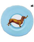 6 Assiettes en Porcelaine Teckel Carnival bleues - D.23 cm
