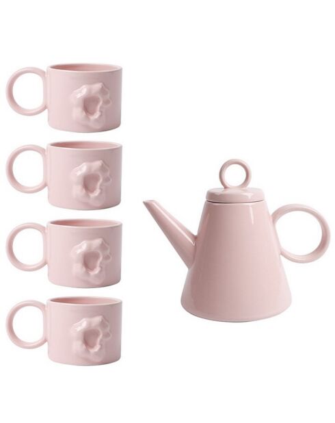 Lot de 4 mugs et 1 théière Sérénité Nordique gardenia brillant - 430 ml