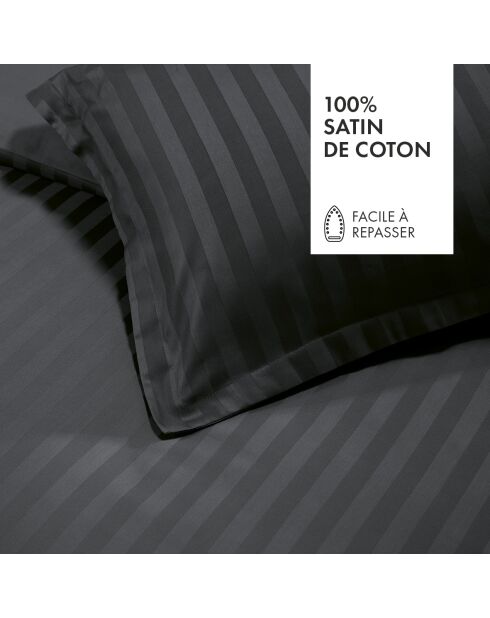 Parure housse de couette en satin de coton à rayures dobby noire