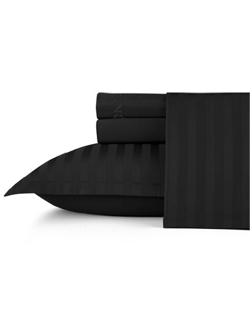 Parure drap plat + drap-housse + taies rectangles en satin de coton à rayures dobby tissées noires