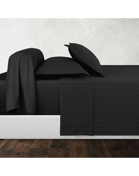 Parure drap plat + drap-housse + taies rectangles en satin de coton à rayures dobby tissées noires