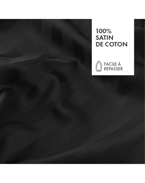 Parure drap plat + drap-housse + taies rectangles en satin de coton à rayures dobby tissées noires