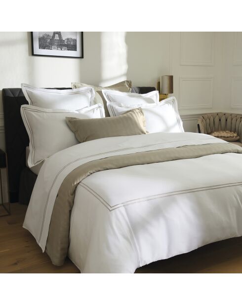 Parure drap plat + drap-housse + taies rectangles en satin de coton Bastia Taupe / Blanc
